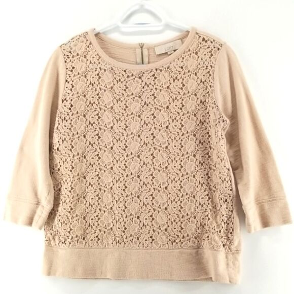 Anne Taylor Sweater Women's Tan 3/4 Sleeve Rear 1/4 Zip Crocheted Front Cotton - Picture 1 of 11